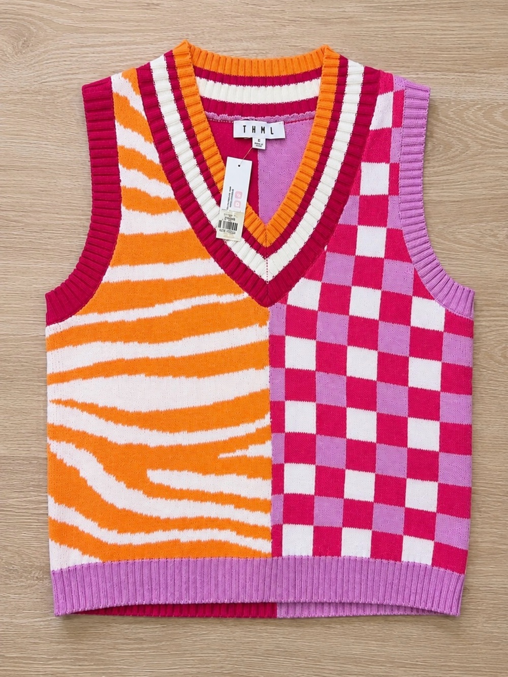 THML Women’s Colorblock Zebra & Checker Knit Vest - Pink, Orange, White